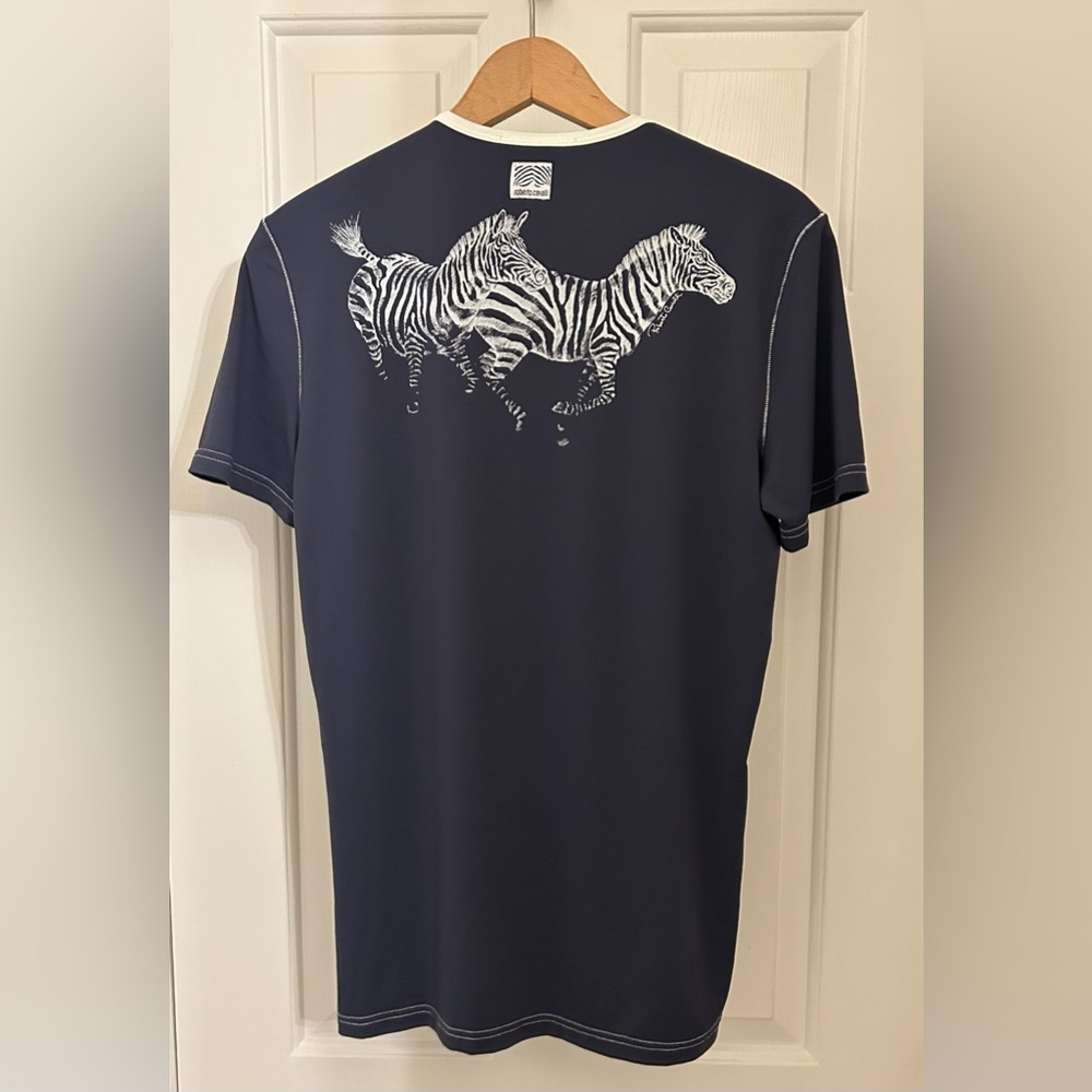 Roberto Cavalli Vintage 2002 Zebra Print Jersey V-neck T Navy Blue Medium 50